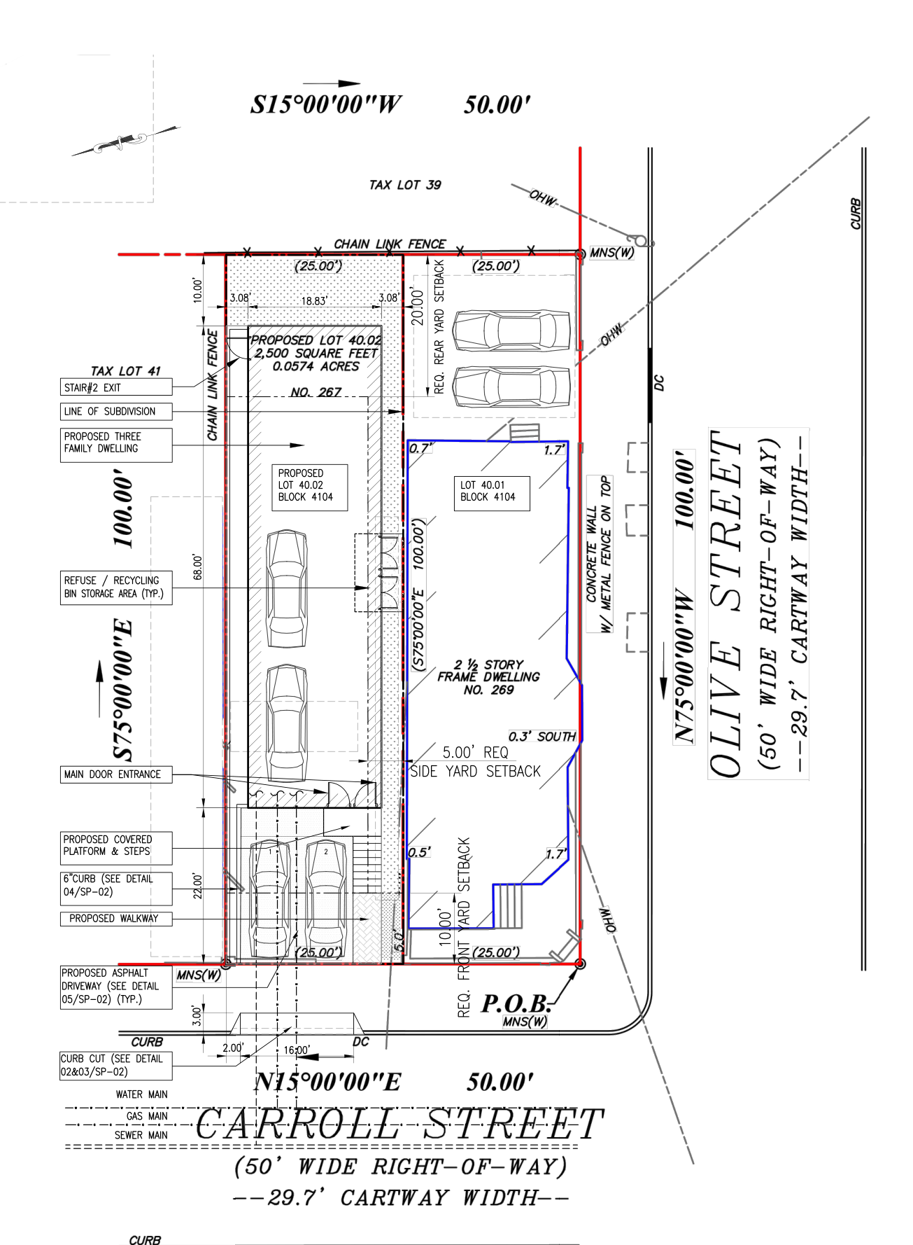 Proposed subdivision and site layout at Carroll and Olive Streets, showing the new dwelling and parking. Proposed subdivision and site layout at Carroll and Olive Streets, showing the new dwelling and parking.