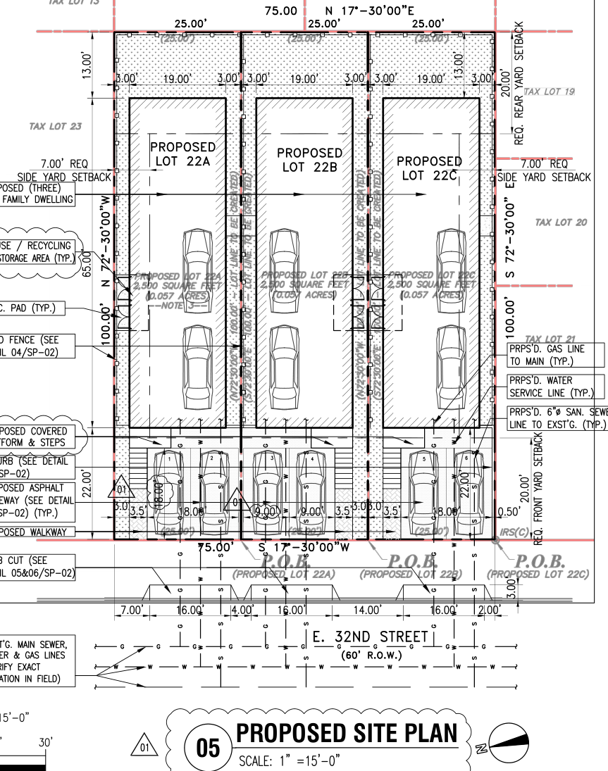 Proposed three-lot subdivision at 141-143 East 32nd Street, showing the dwellings and driveway layout. Proposed three-lot subdivision at 141-143 East 32nd Street, showing the dwellings and driveway layout.